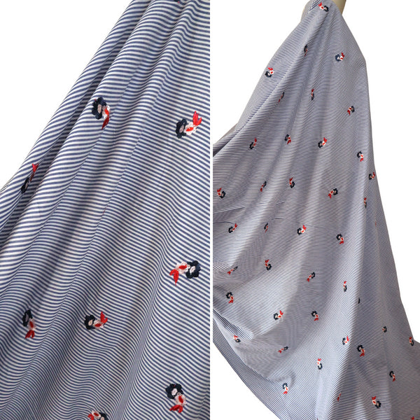 Embroidered Navy & White Stripe ~ Cotton